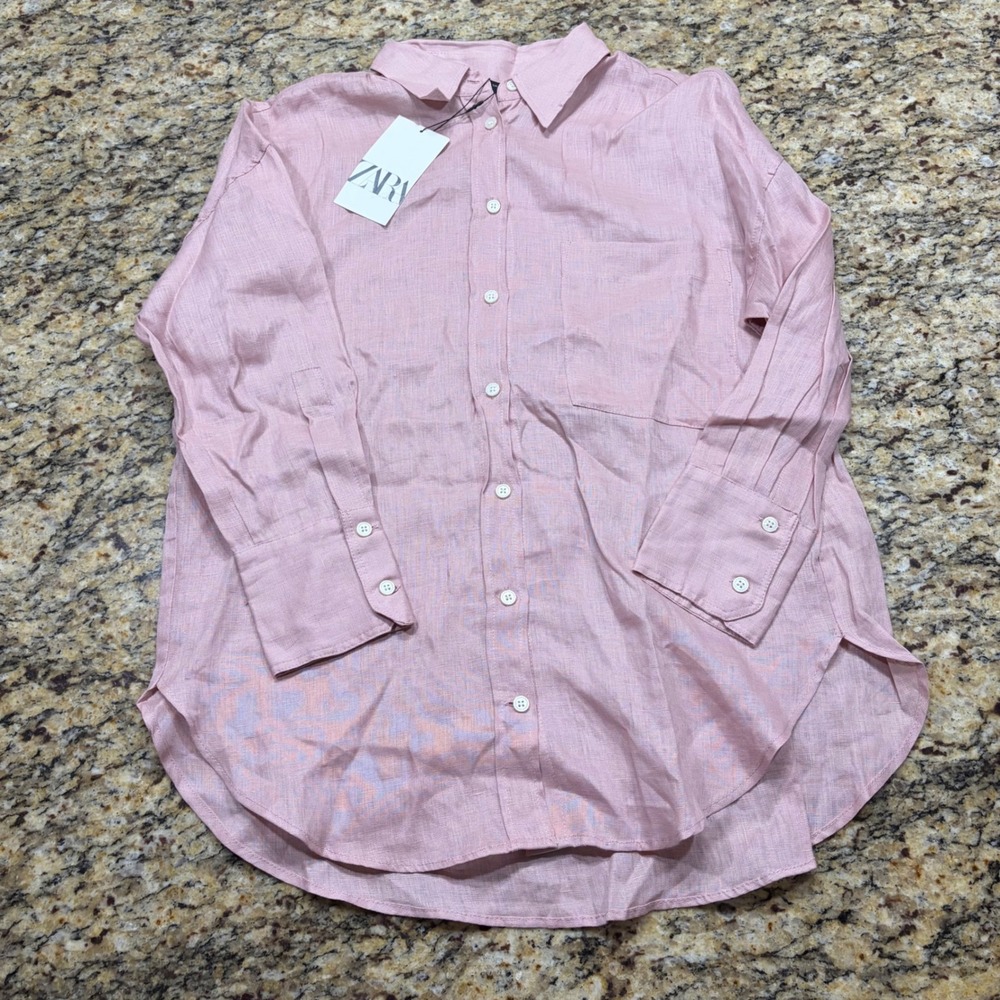 NEW Zara Pink Linen Blend Button Down Shirt Oversized Long Sleeve Top XS ws